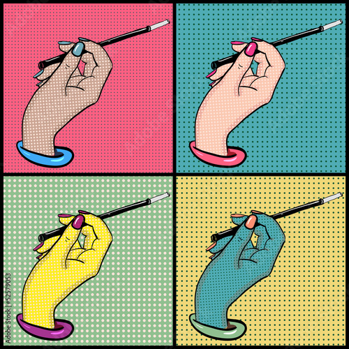 Female hand with cigarette holder pop art vector set