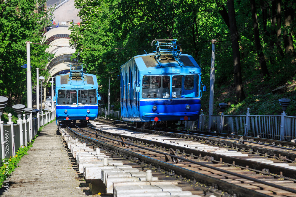 Naklejka premium Funicular trains moving on the hill