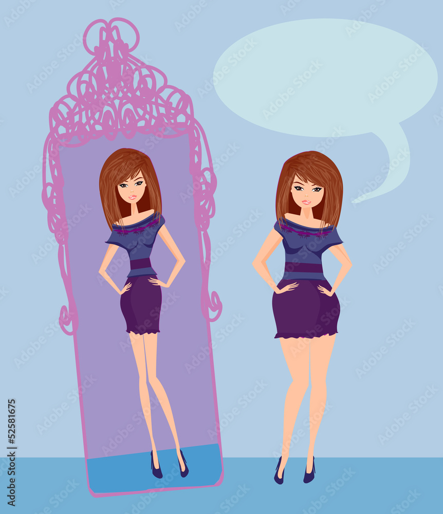 Full lady enjoys her slim reflection Full lady enjoys her slim reflection