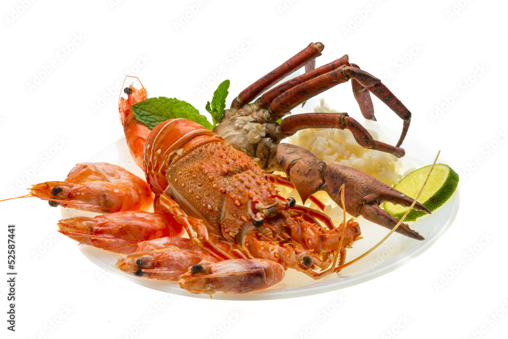 Spiny lobster, shrimps, crab legs and rice Spiny lobster, shrimps, crab legs and rice