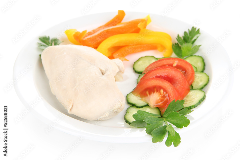 Boiled chicken breast on plate with vegetables close up Boiled chicken breast on plate with vegetables close up