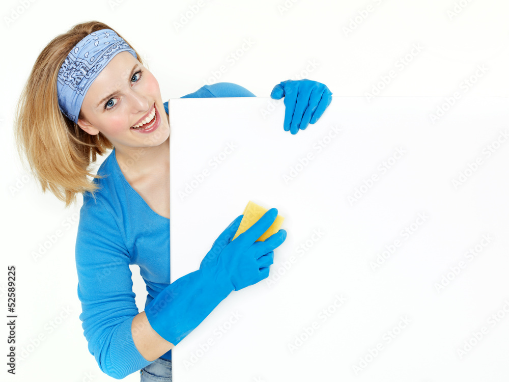Cleaning woman presenting white message board Cleaning woman presenting white message board