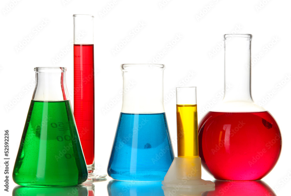 Test tubes with colorful liquids isolated on white Test tubes with colorful liquids isolated on white