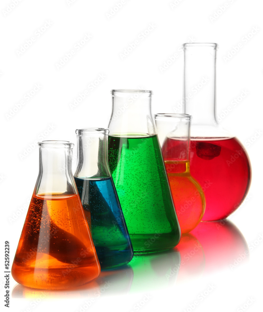 Test tubes with colorful liquids isolated on white