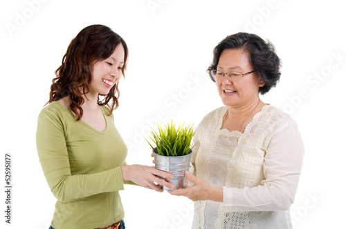 Senior woman and daughter holding a pot plant.