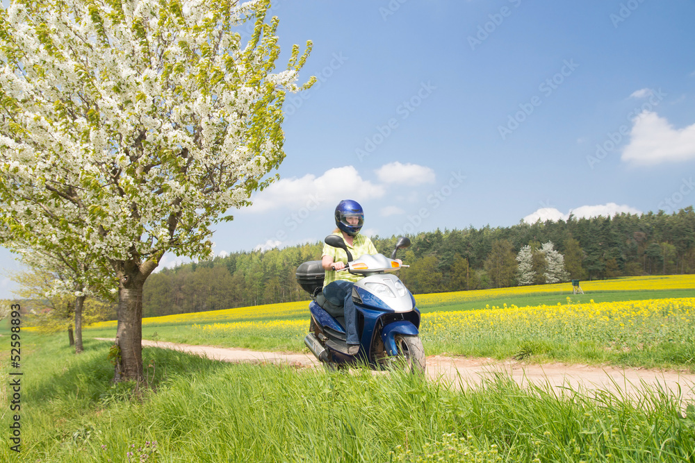 Naklejka premium women on soccer, spring, frau auf roller, motorrad, frühling