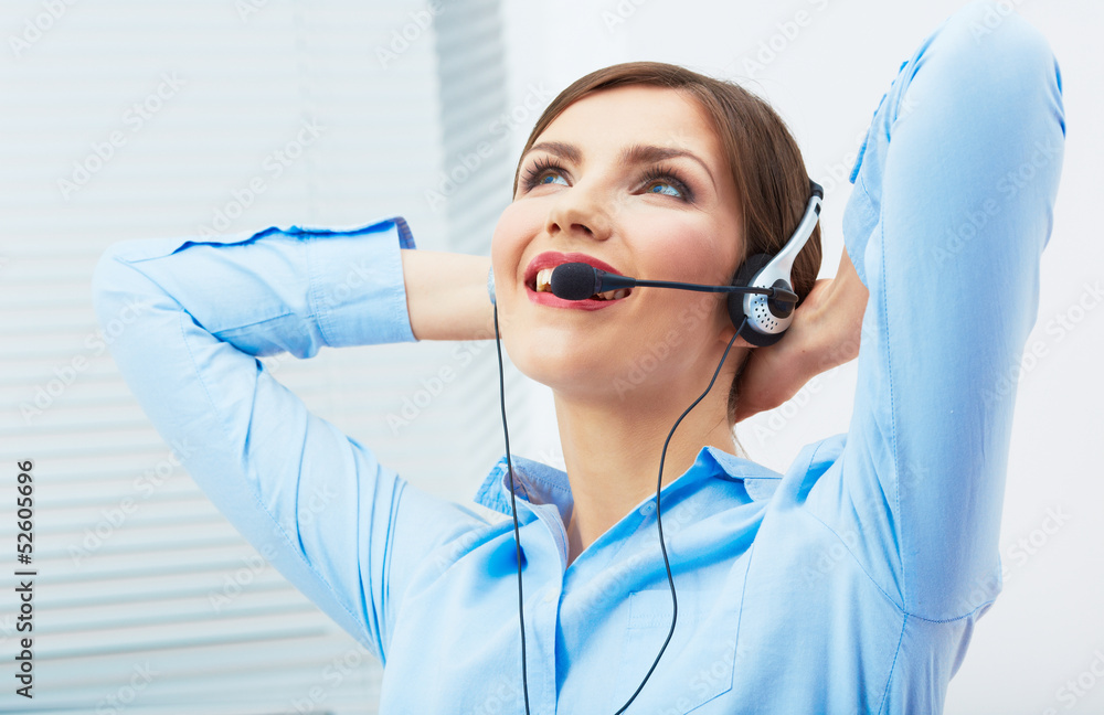 Portrait of woman customer service worker, call center smiling Portrait of woman customer service worker, call center smiling