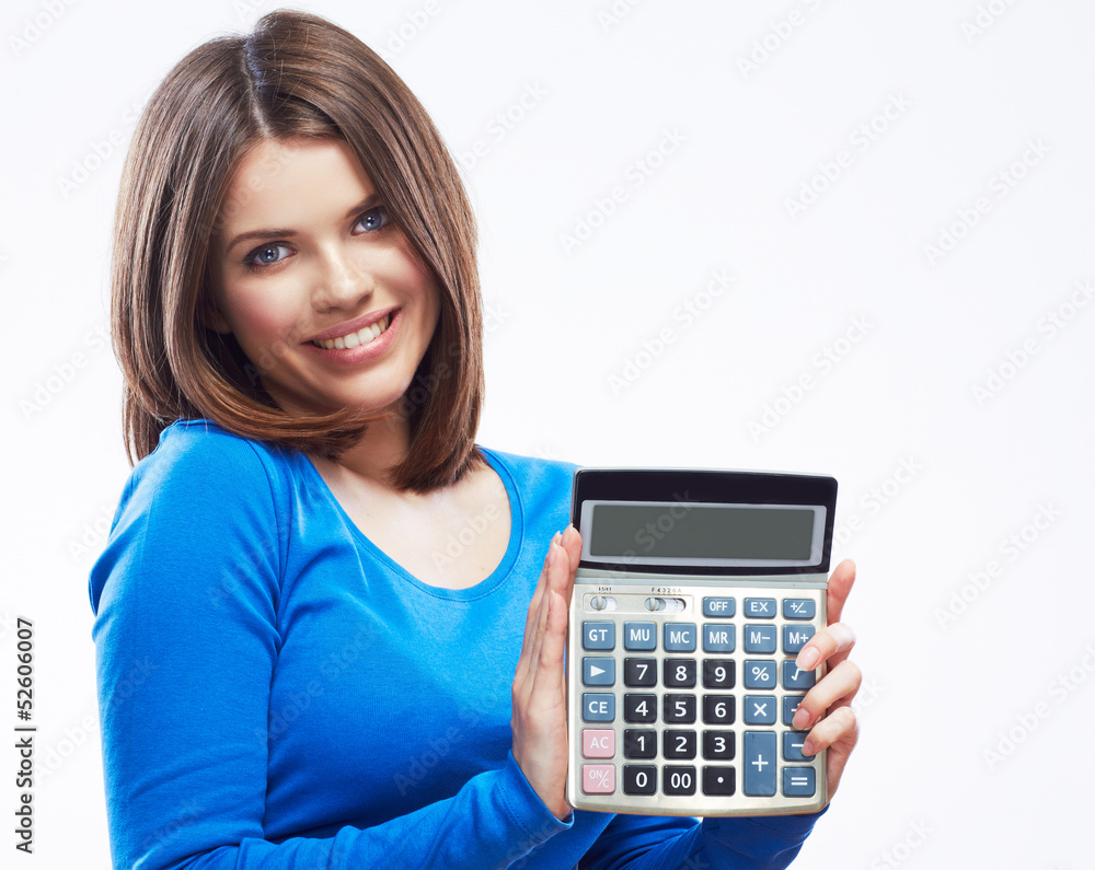 Young woman hold digital calculator. Female smiling model white Young woman hold digital calculator. Female smiling model white