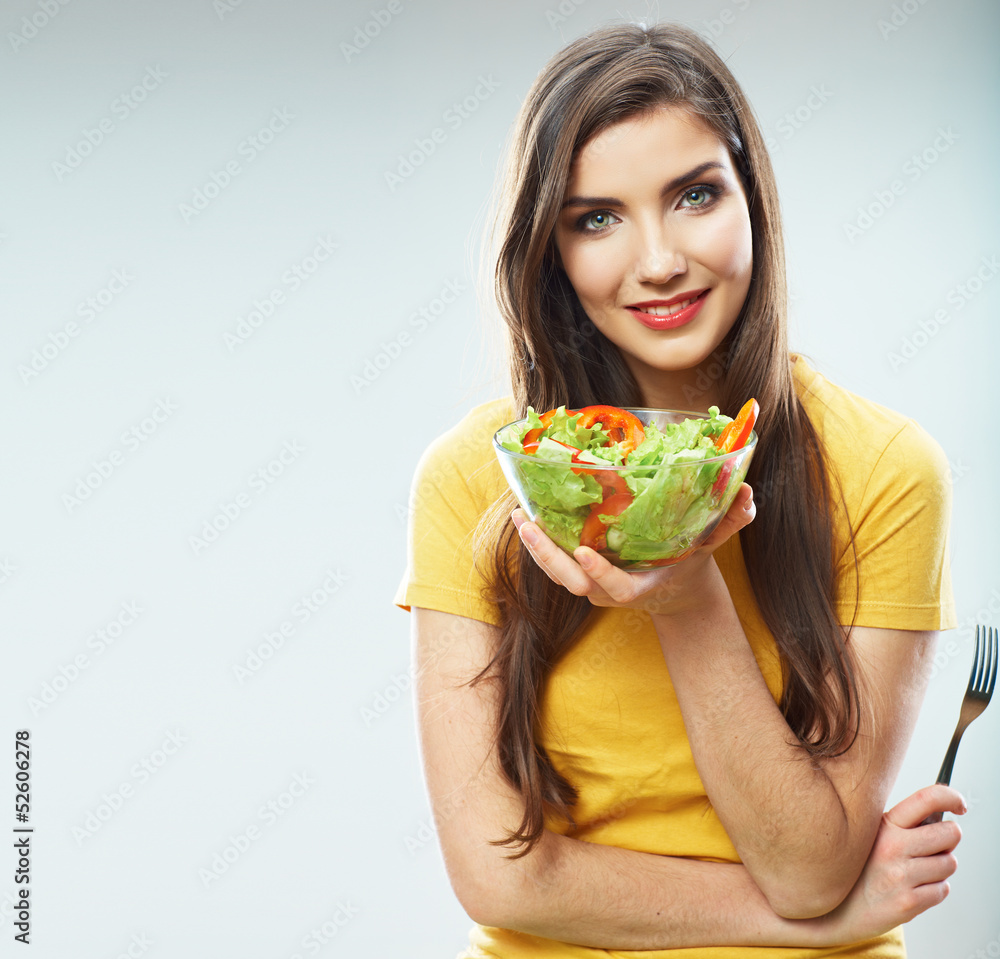 Woman diet concept portrait. Female model hold green salad. Woman diet concept portrait. Female model hold green salad.