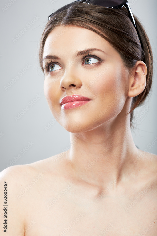 Smiling beautiful woman close up face portrait, sun glass. Smiling beautiful woman close up face portrait, sun glass.