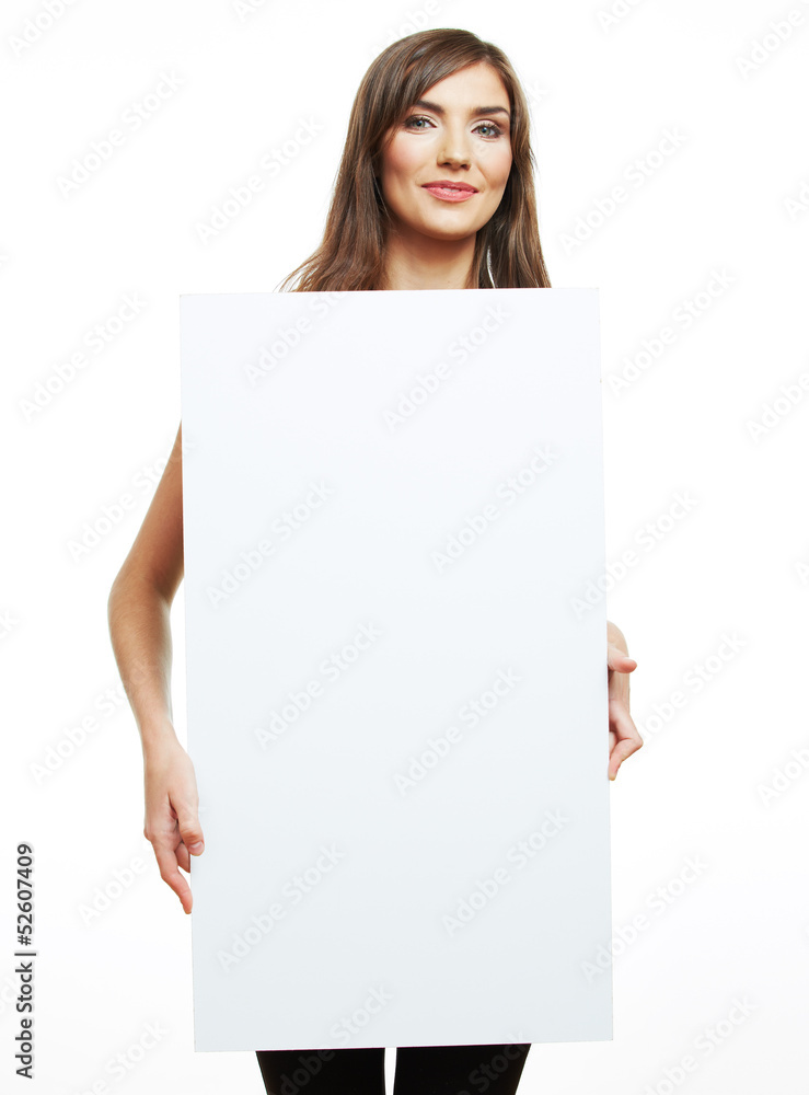 Teenager girl hold white blank paper. Teenager girl hold white blank paper.