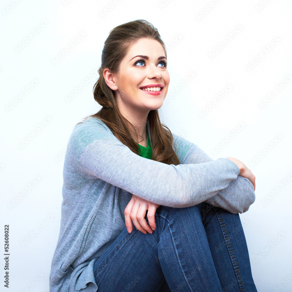Young beauty seating woman casual style dressed. Young beauty seating woman casual style dressed.