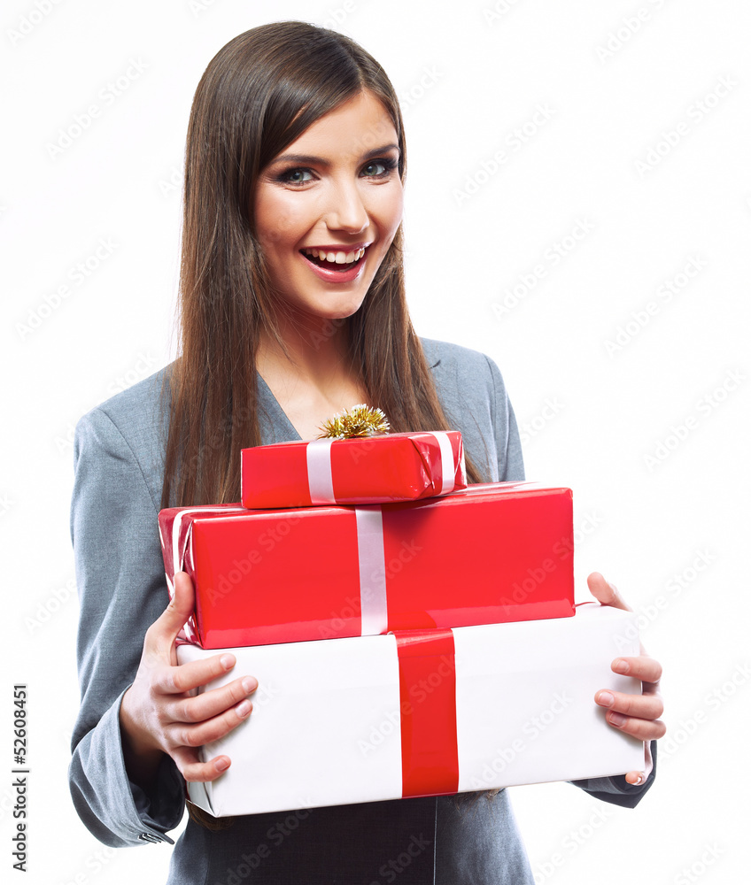 Happy Business woman hold gift box. White background isolated Happy Business woman hold gift box. White background isolated