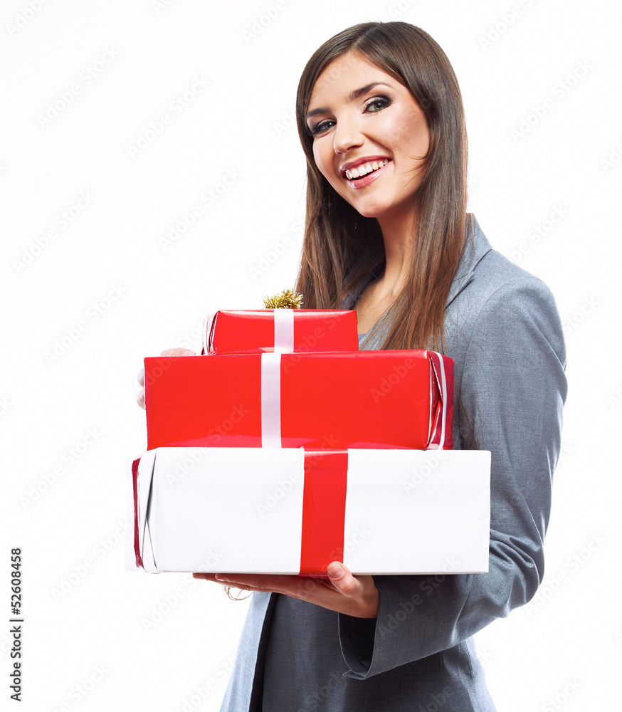 Business woman hold gift box. White background isolated Business woman hold gift box. White background isolated