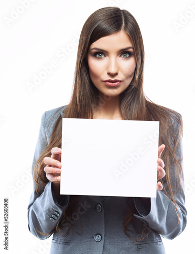 Business woman hold banner, white background portrait.