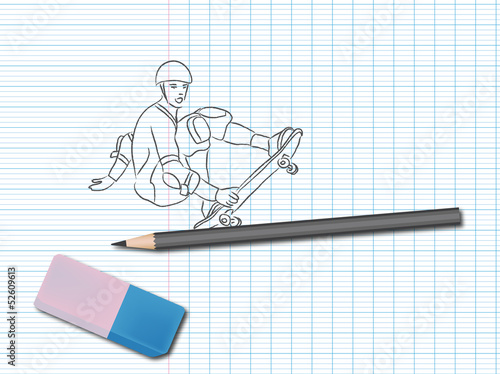 Dessin de sport sur cahier d'école : skate