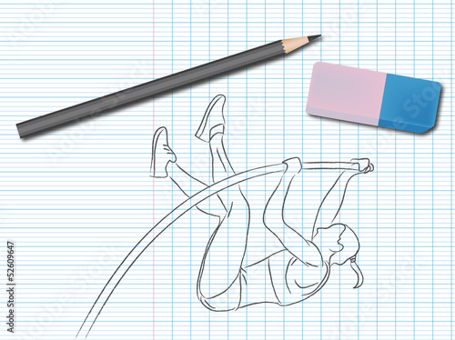 Dessin de sport sur cahier d'école : saut à la perche