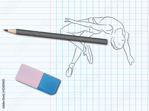 Dessin de sport sur cahier d'école : saut en hauteur