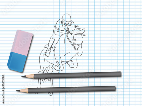 Dessin de sport sur cahier d'école : équitation