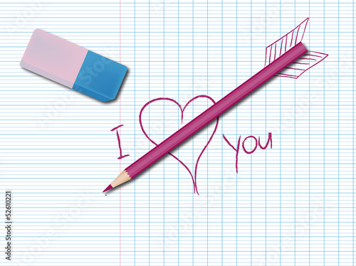 Dessin au crayon sur un cahier : je t'aime