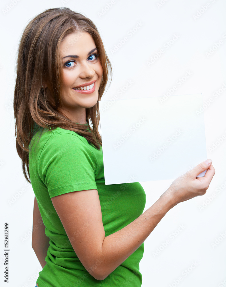 woman holding blanc card woman holding blanc card