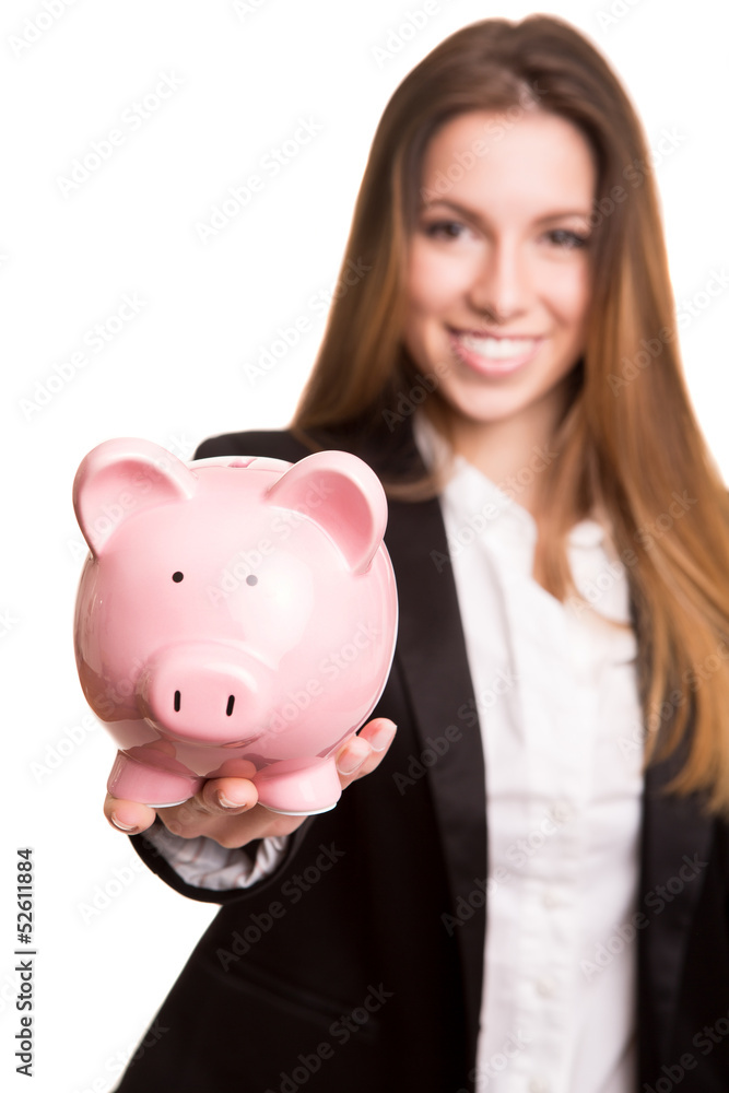 Smiling business woman with a piggy bank Smiling business woman with a piggy bank