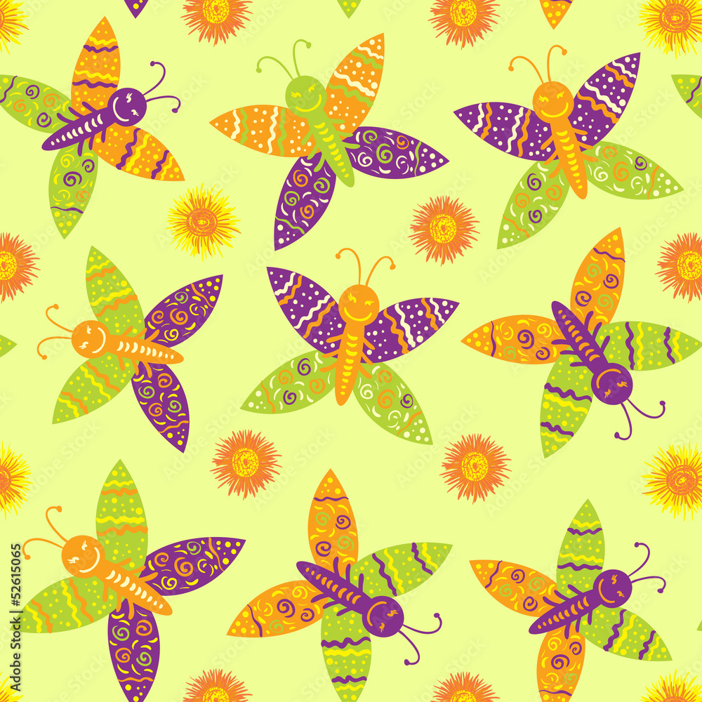 Seamless drawing butterflies and flowers