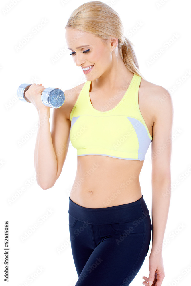 Close up of blond happy woman with dumbbell Close up of blond happy woman with dumbbell