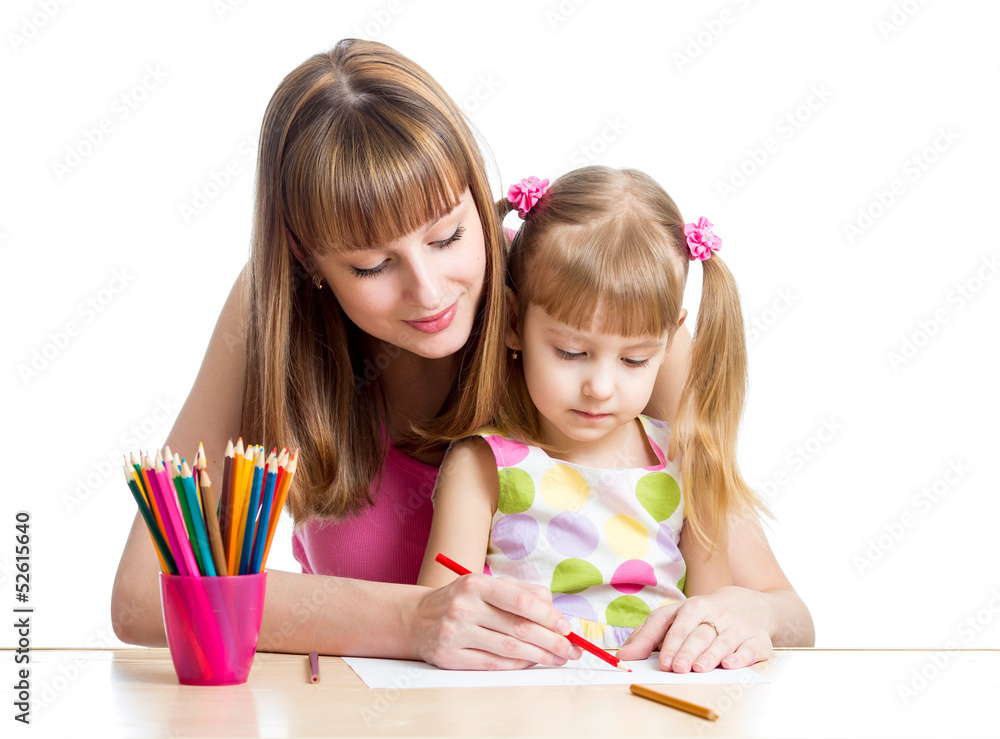 mother and her child girl pencil together mother and her child girl pencil together