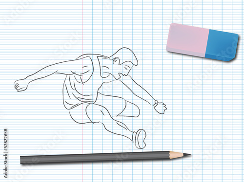Dessin de sport sur cahier d'école : saut de haie