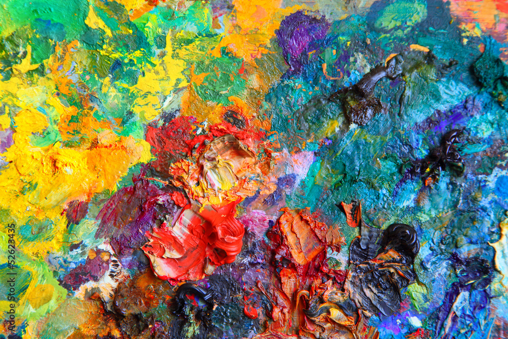 Background image of bright oil-paint palette closeup Stock Photo