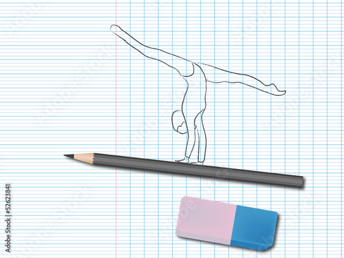 Dessin de sport sur cahier d'école : poutre
