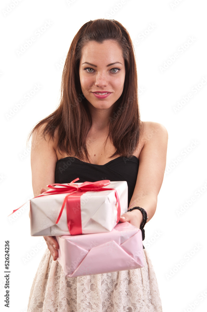 pretty young brunette woman dressed in dress holding white gift pretty young brunette woman dressed in dress holding white gift