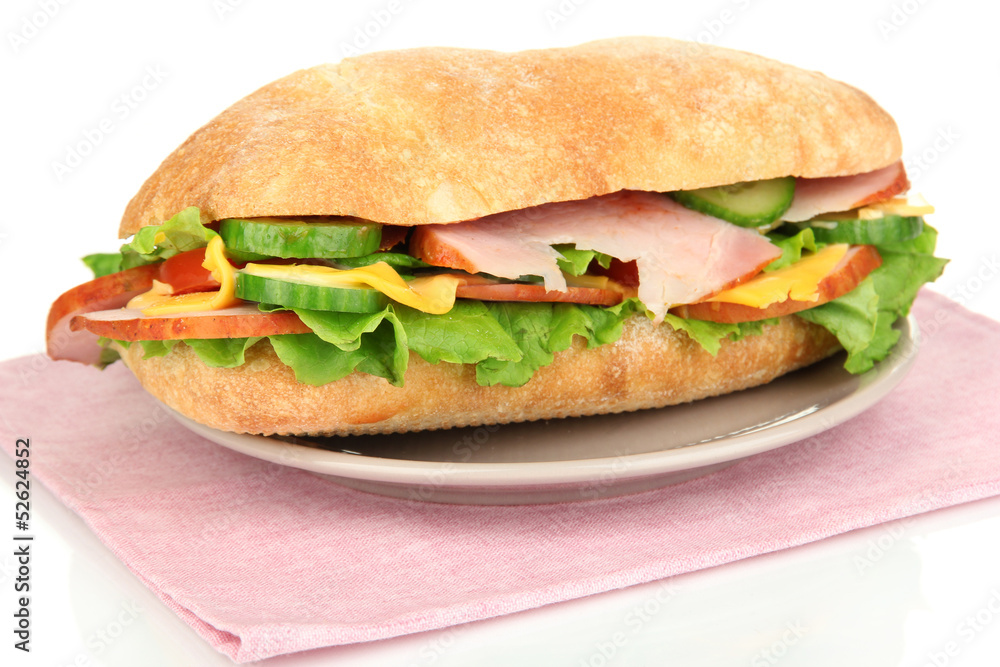 Fresh and tasty sandwich with ham and vegetables isolated Fresh and tasty sandwich with ham and vegetables isolated