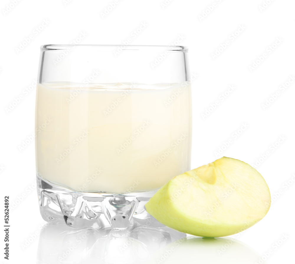 Delicious yogurt in glass with apple isolated on white