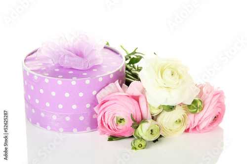 Ranunculus  persian buttercups  and gift  isolated on white