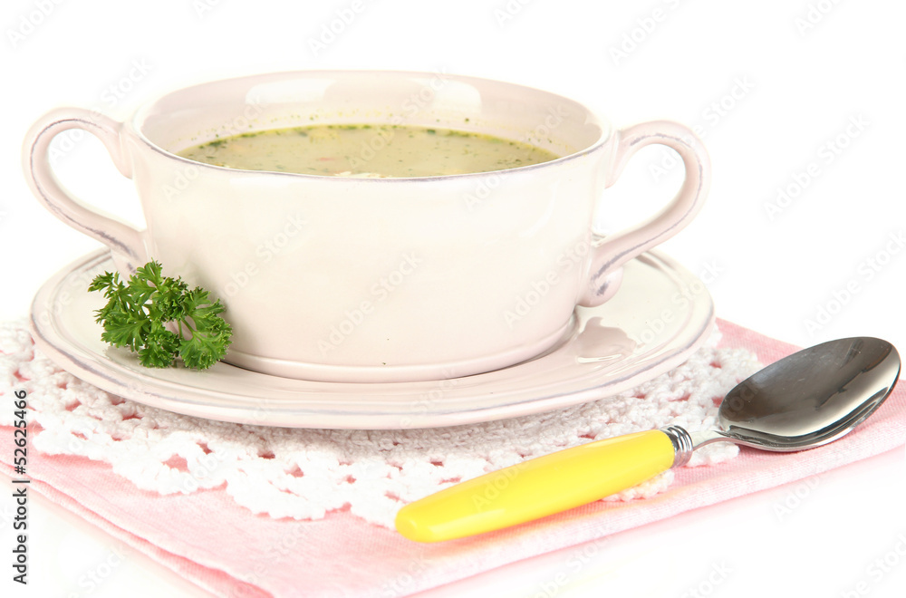 Nourishing soup with vegetables in pan isolated on white Nourishing soup with vegetables in pan isolated on white