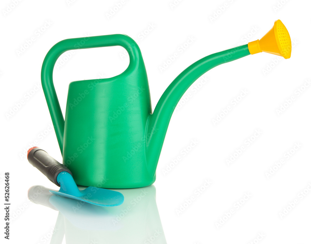 Obraz premium Green watering can with gardener accessories isolated on white