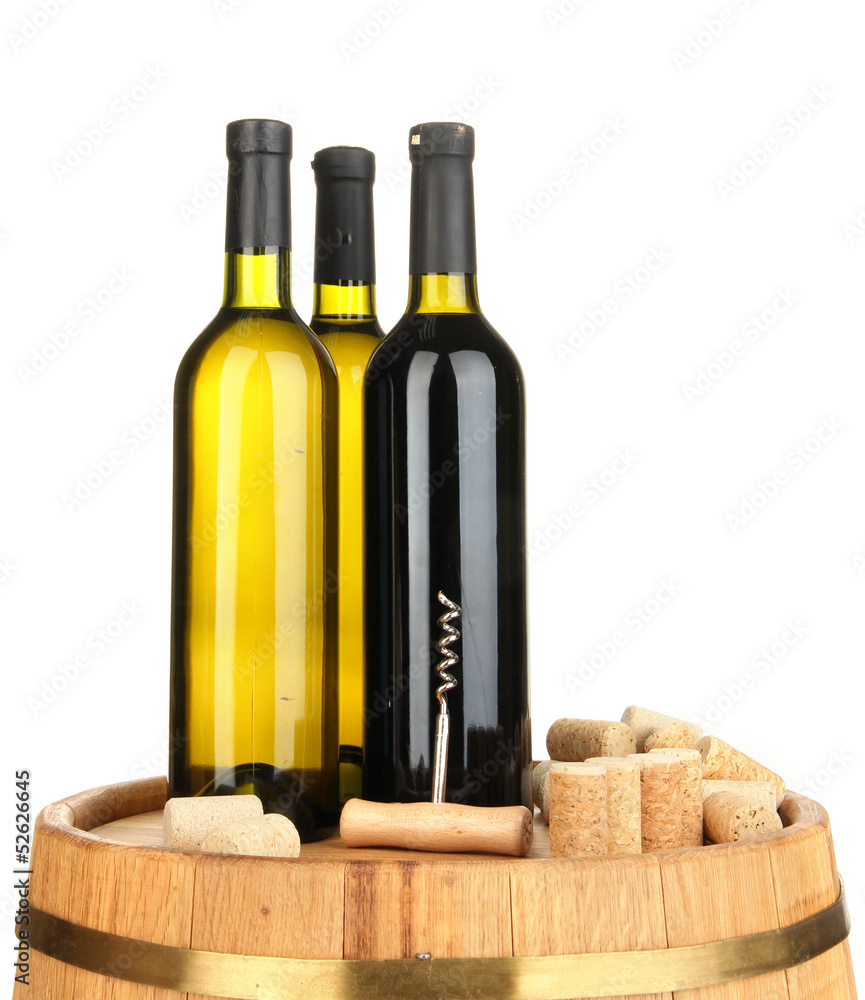 Naklejka premium Wine and corks on barrel isolated on white