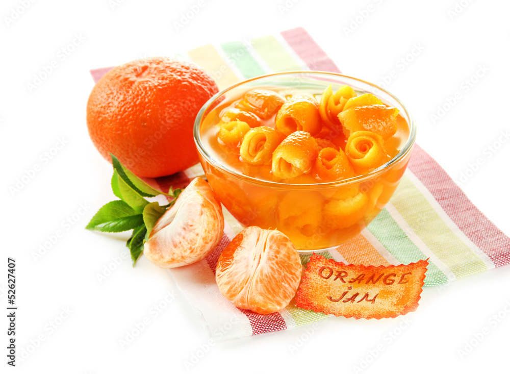 Orange jam with zest and tangerines, isolated on white Orange jam with zest and tangerines, isolated on white