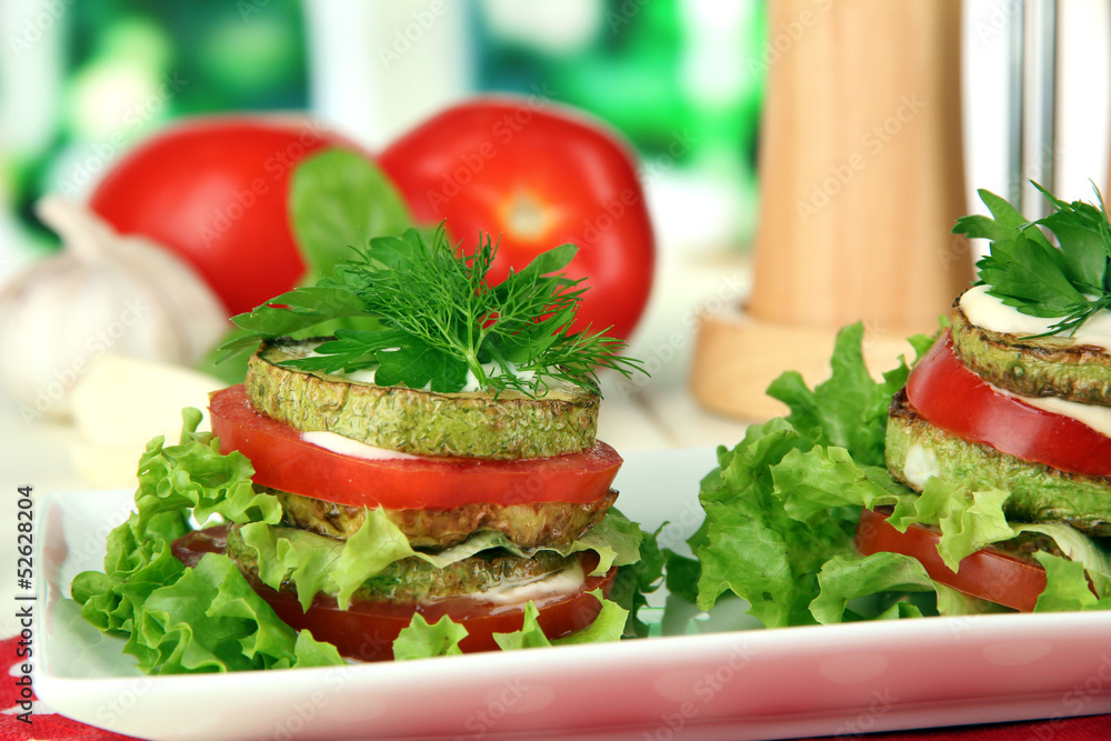 Tasty roasted marrow and tomato slices with salad leaves, Tasty roasted marrow and tomato slices with salad leaves,