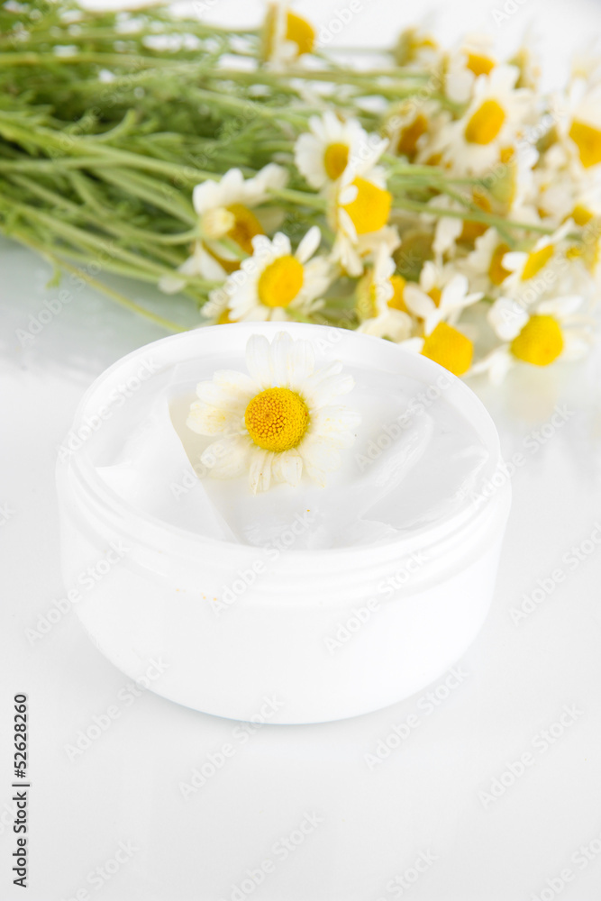 Cream with chamomile isolated on white Cream with chamomile isolated on white