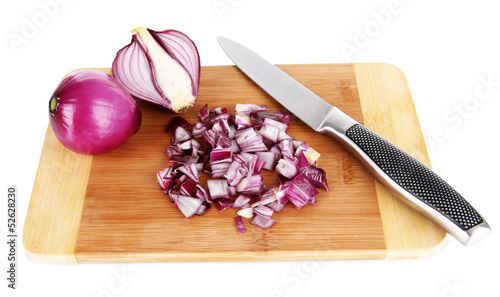 Cutting purple onion isolated on white