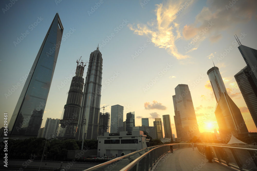 Shanghai,Aircraft is flying in the modern urban buildings