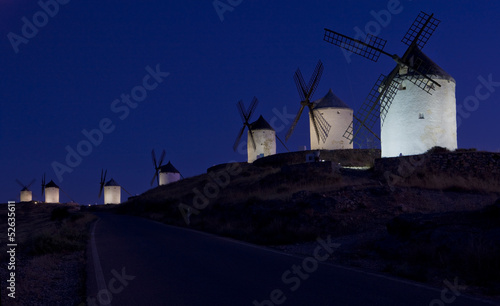 windmills at night, Consuegra, Castile-La Mancha, Spain