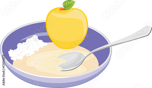 Bowl with oatmeal, curd and apple