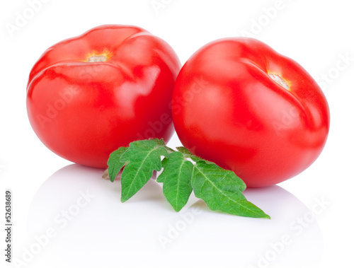 Two Juicy Red tomato with leaves Isolated on white background