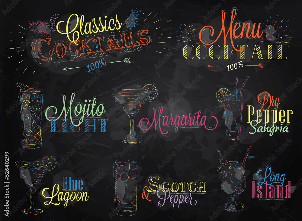 Set cocktail menu colored chalk