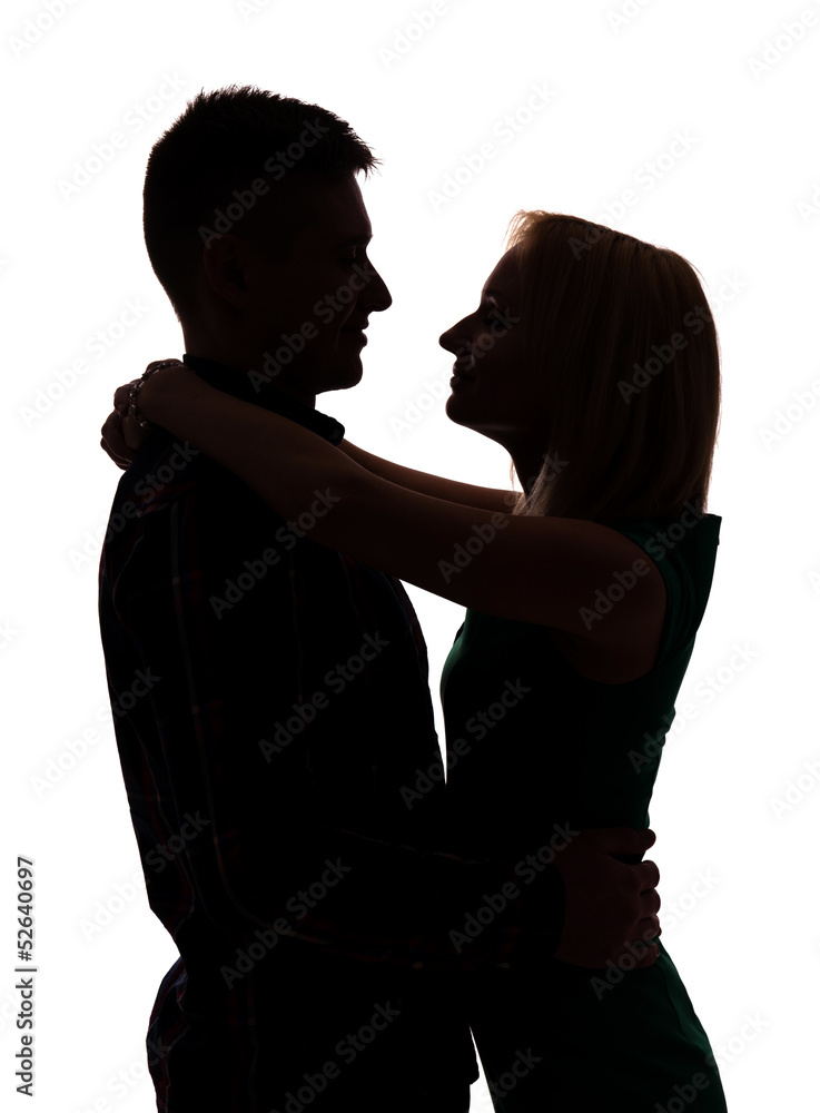 Young couple hug silhouette on white background