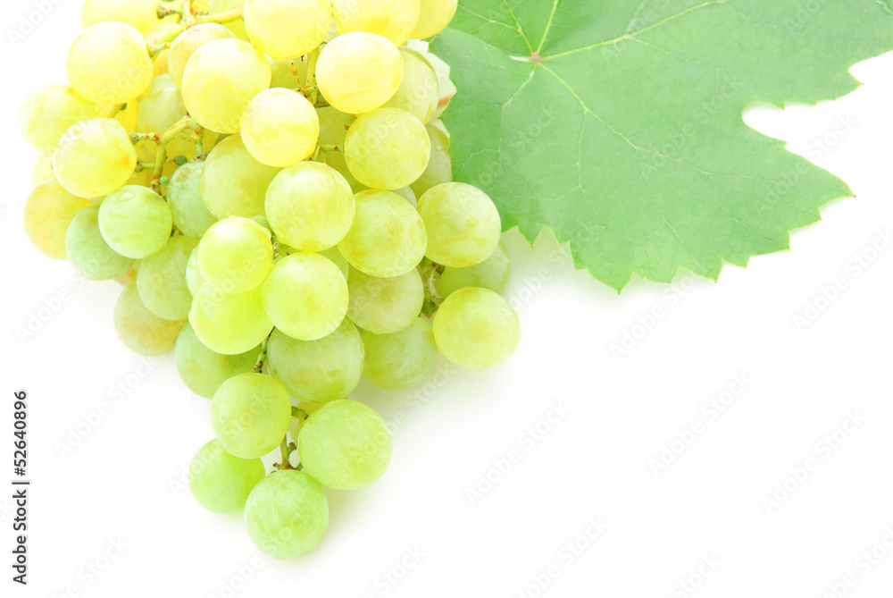Obraz premium fresh grape fruits with green leaves isolated on white backgroun